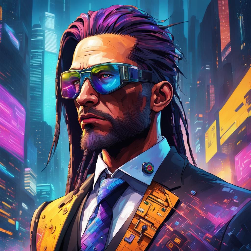 Cyberpunk Security Agent with Colorful Cyberware