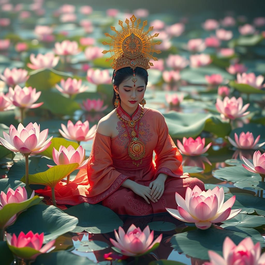 Thai Woman with Lotus Pond: Detailed Matte Painting