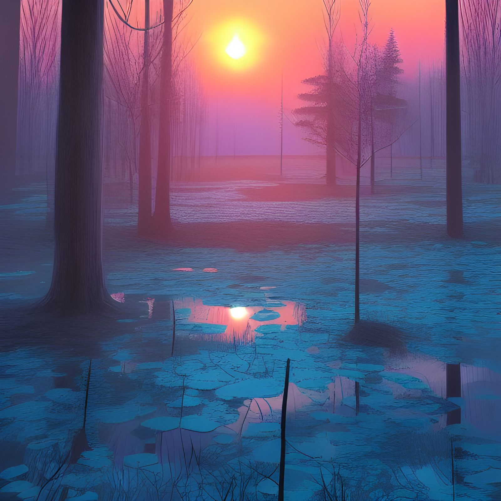Freezing Swamp Sunset: Digital Illustration in Deep Color