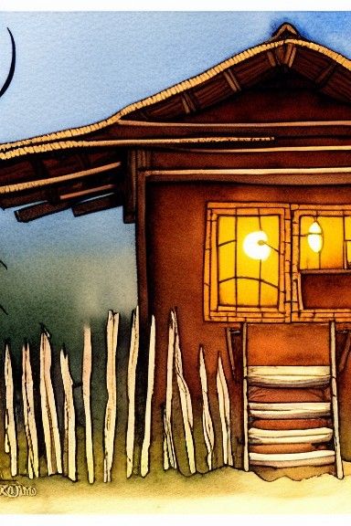 Closeup of A bahay kubo with a parol hanging on its window,  muted colors, night time:: Loneliness, Nostalgia, Peaceful,...