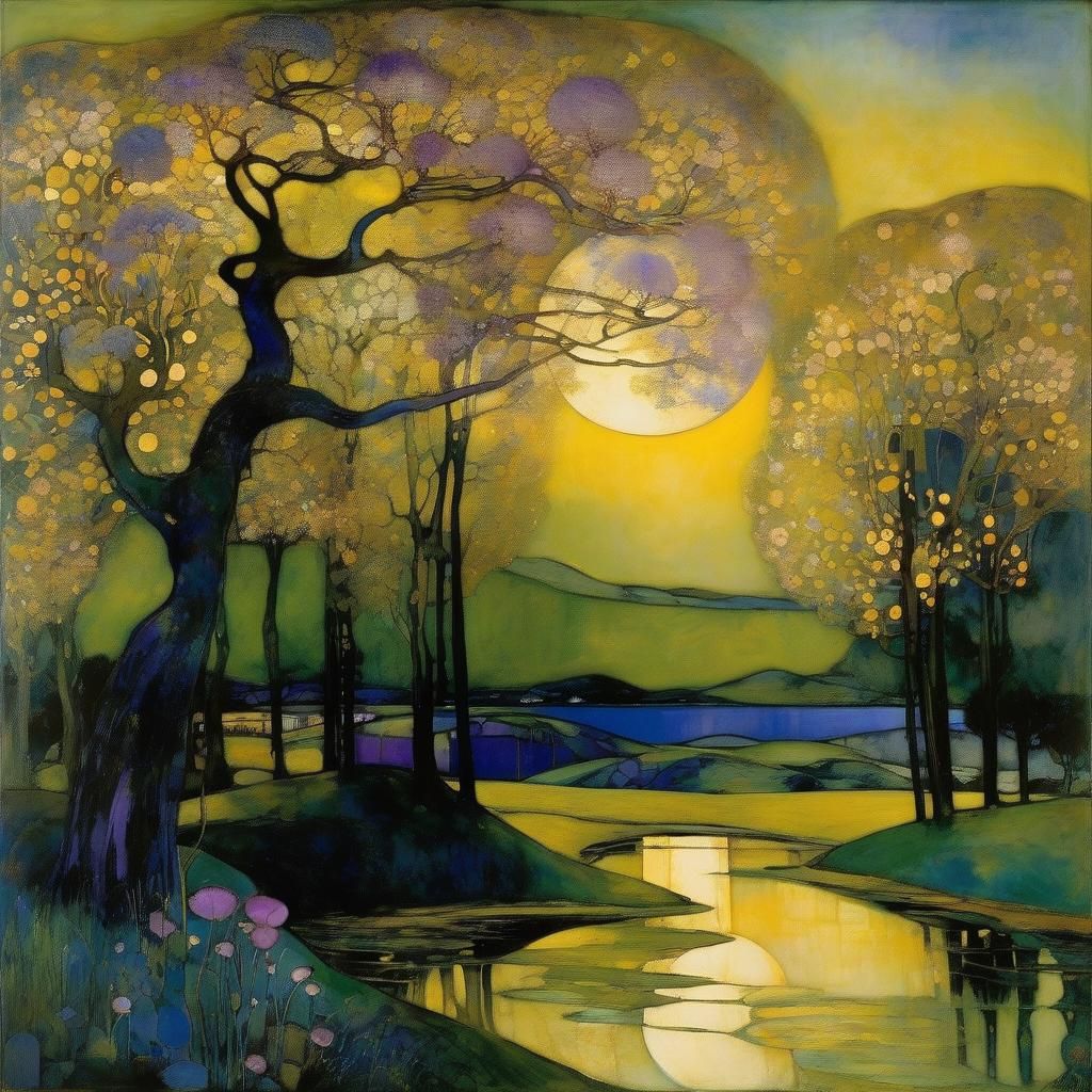 Noctilucent Blue Landscape in Art Nouveau Style