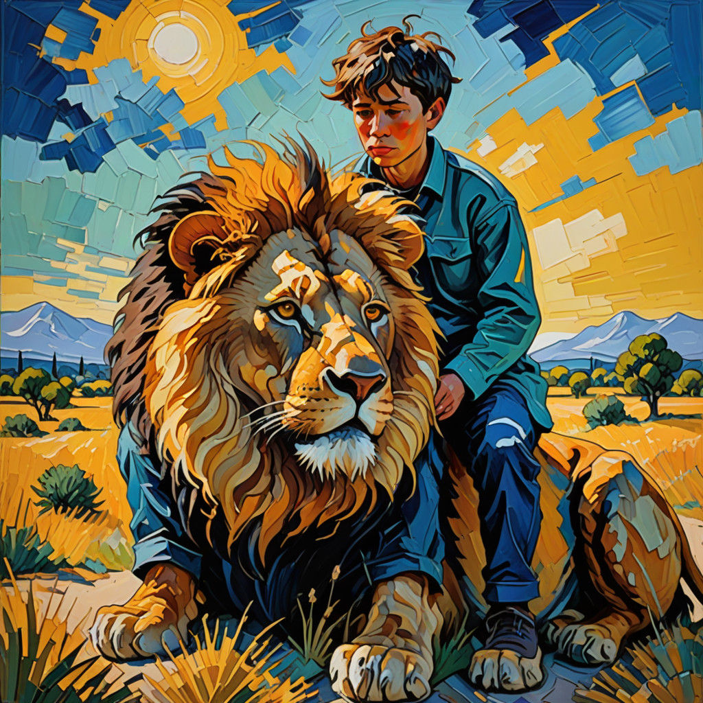 Neo-Impressionist Boy Rides a Lion in Vibrant Savannah Lands...