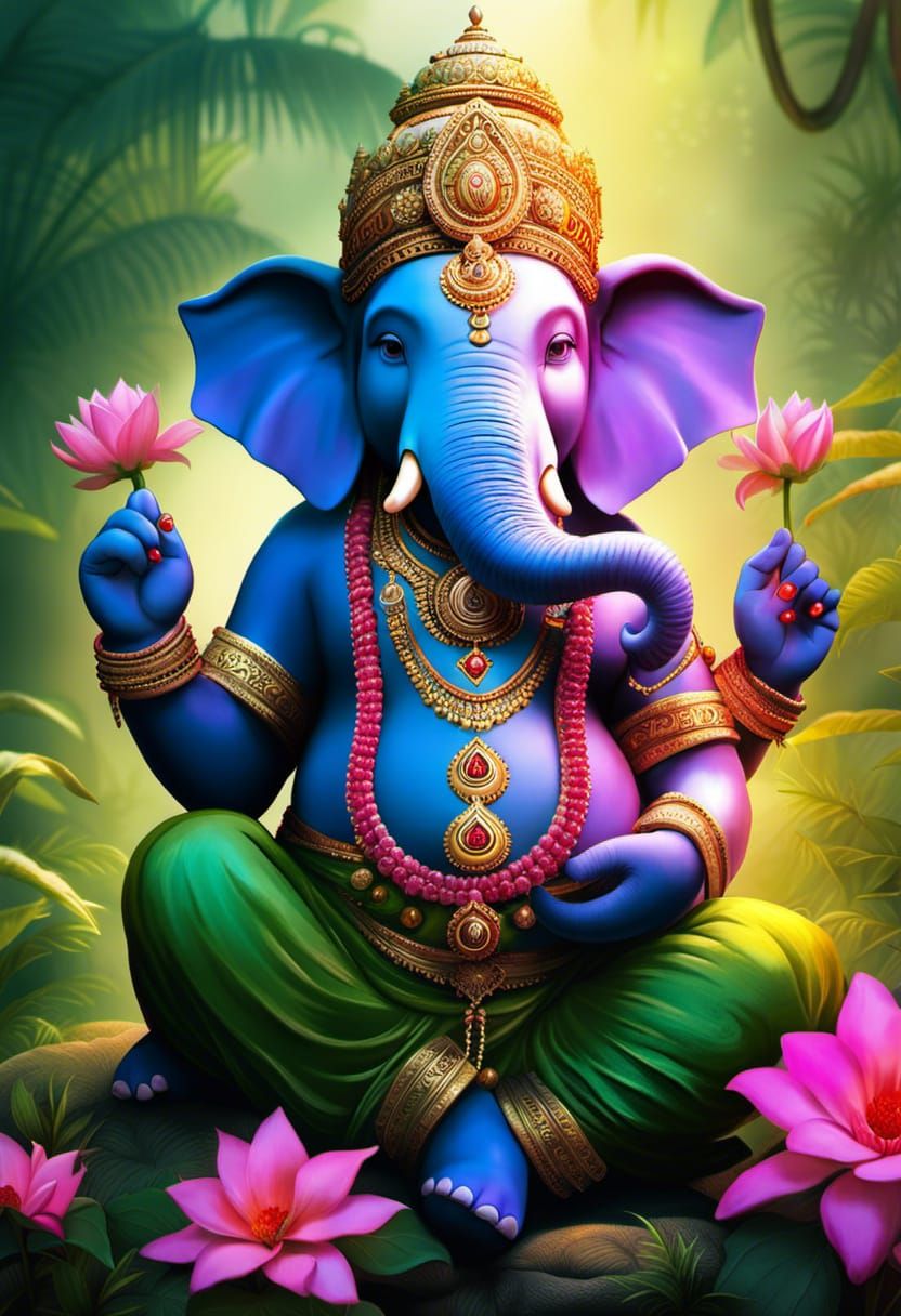 Ganesh in Lush Garden: Dreamlike Digital Illustration