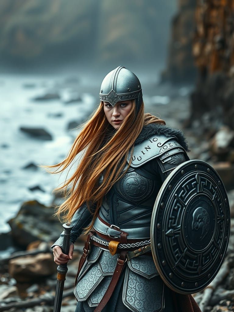 Viking Warrior Walks the Shore in Elegant Silver Armor
