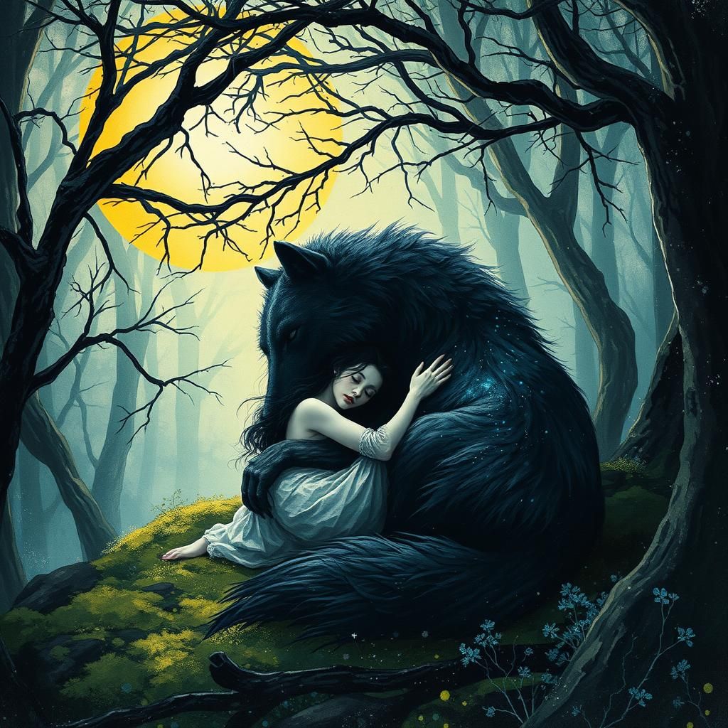 Dreamlike Woman with Wolf in Enchanted Forest