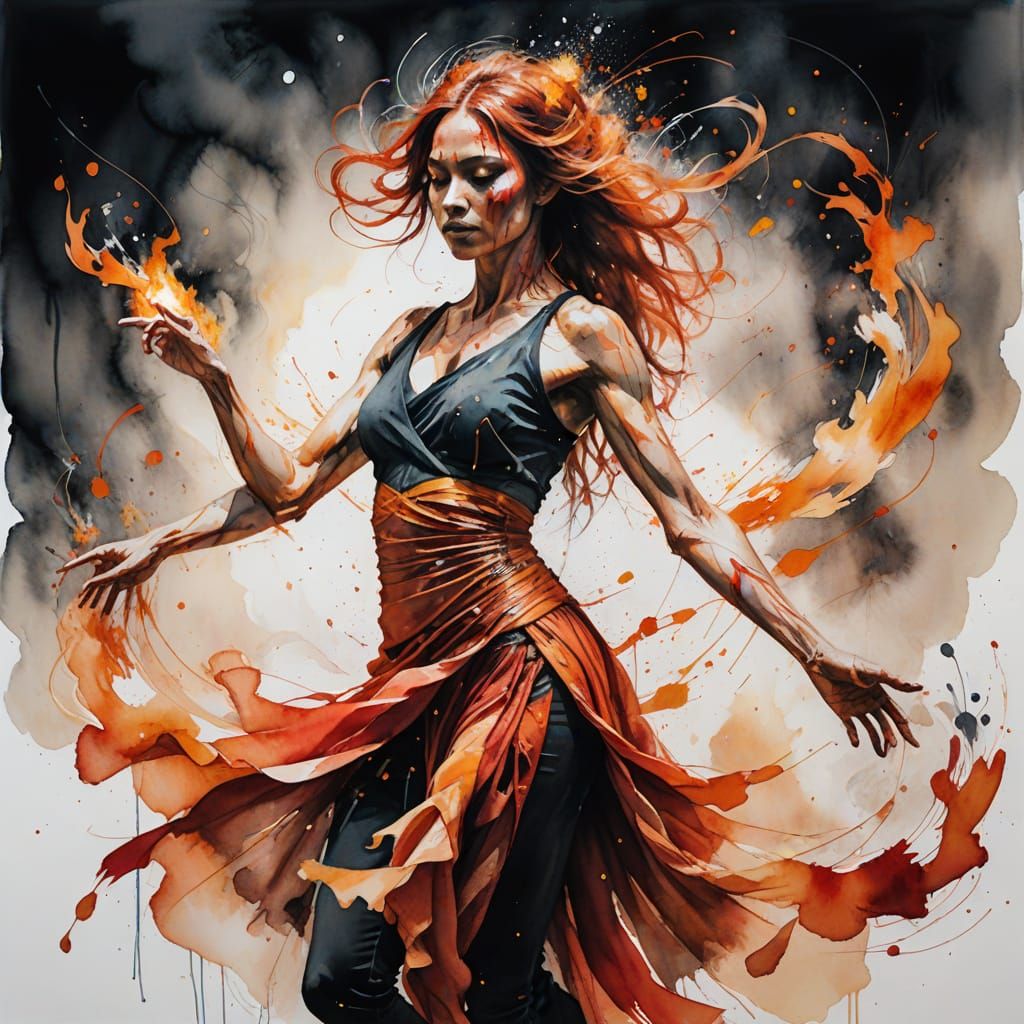 Expressive Watercolor Fire Dancer in Motion