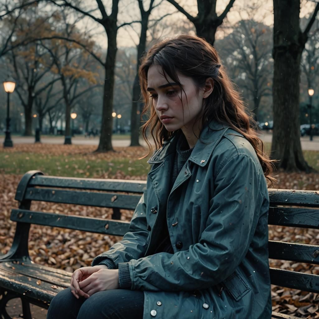 Heartbroken Girl Cries in Park: Photorealistic Watercolor