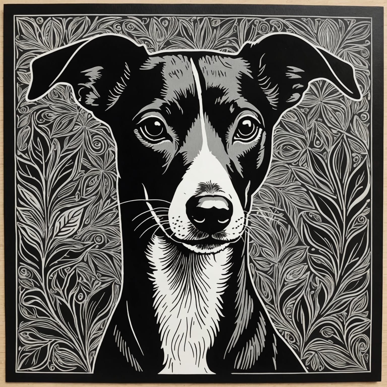Monochrome Linocut Print of a Whippet