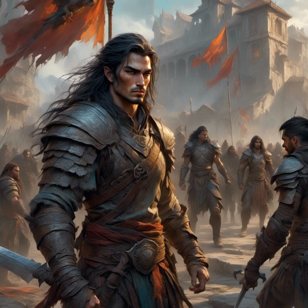 Half-Elf Oversees Soldiers Training in Fantasy Matte Paintin...