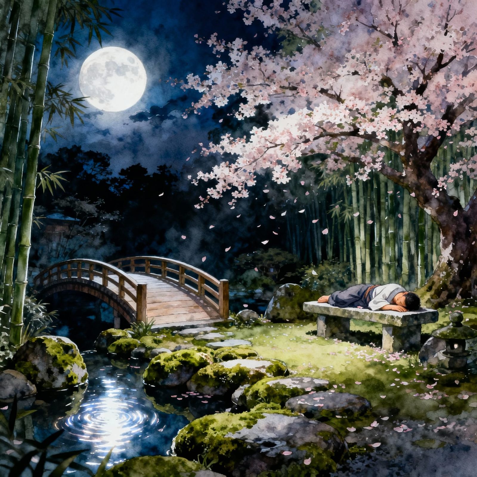 Zen Garden Under Full Moon Sky in Watercolor Style
