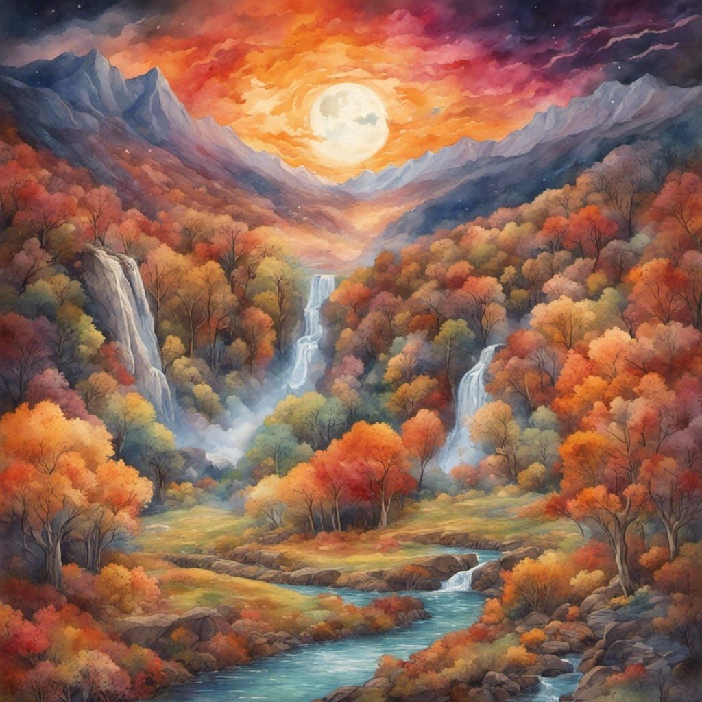 Autumn Valley Sunset: Whimsical Watercolor Moonscape