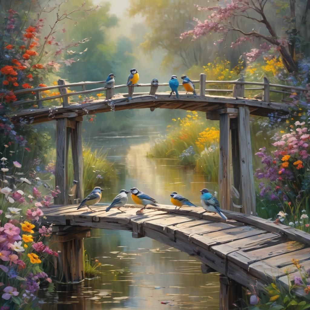 Birds Feast on Bridge in Impressionistic Oil Painting