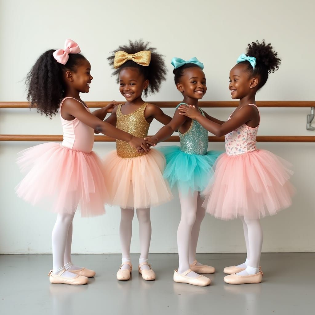 Four Young Ballerinas Posing in Dance Studio