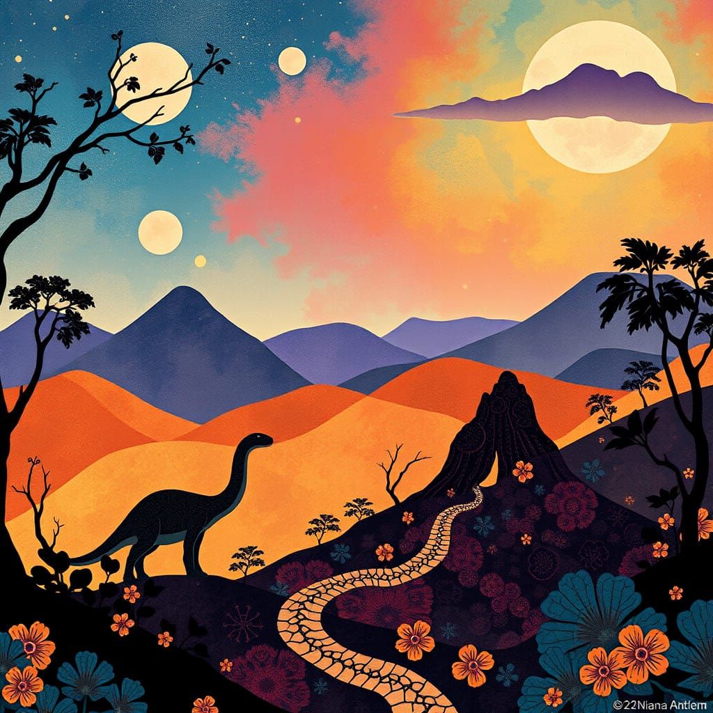 Whimsical Dinosaur Landscape in Vibrant, Dreamlike Style