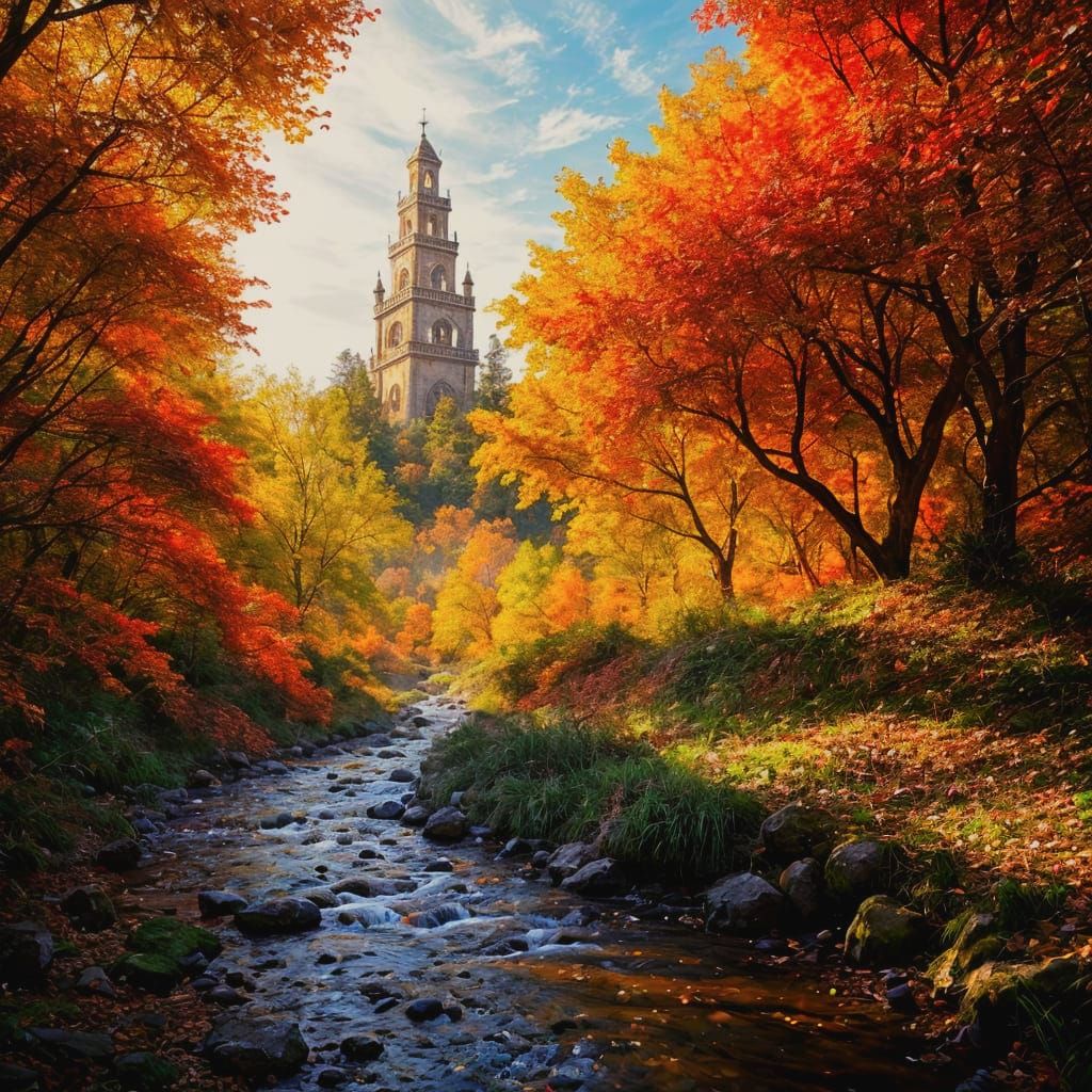 Dramatic Fantasy Landscape with Red Fall Trees and Light Tow...