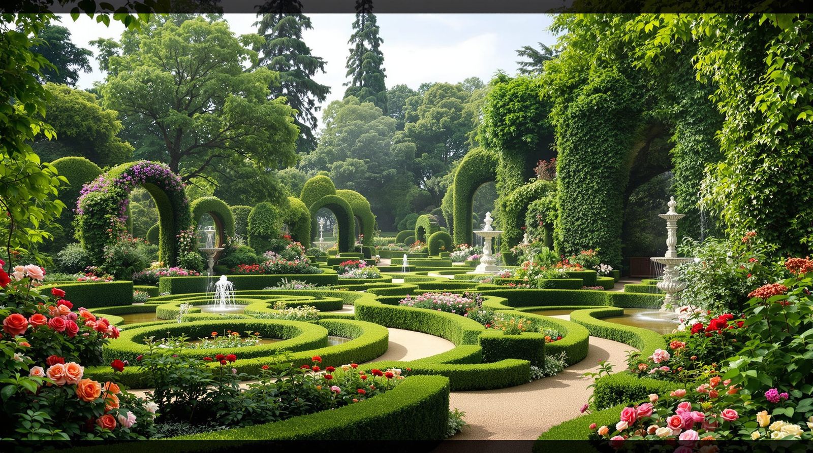 Verdant Art Nouveau English Garden with Fountains