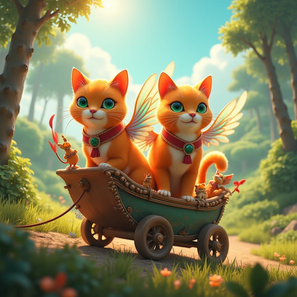 Orange Winged Cats Ride Calesa in Fantasy Landscape