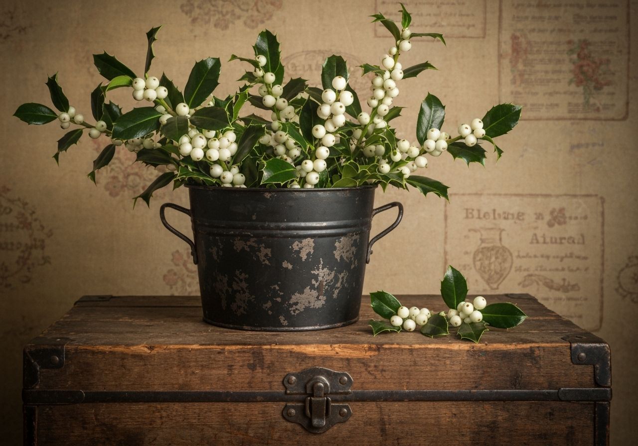 Rustic Still Life: Black Metal Pot with Holly and Berries