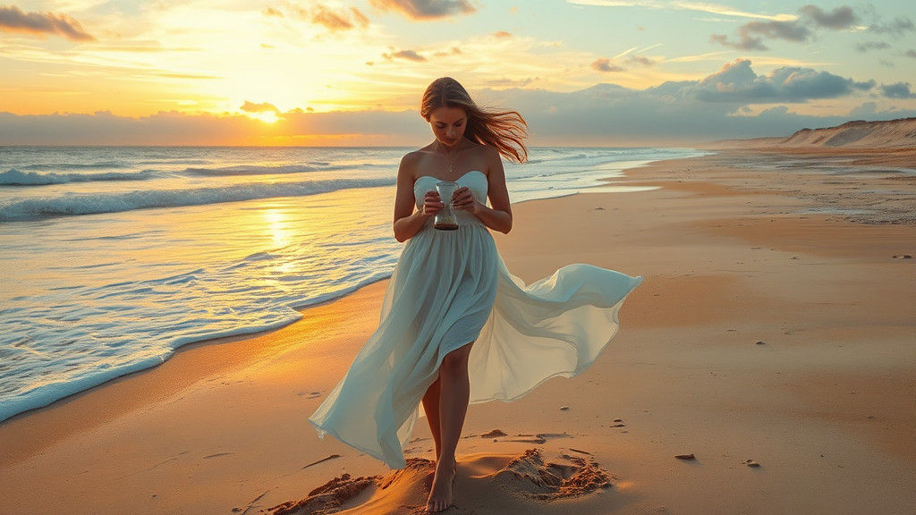 Contemplative Woman with Hourglass on Windswept Beach