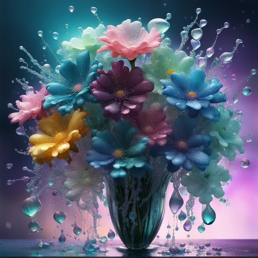 Dreamy Bouquet with Dewdrops in Surreal Style