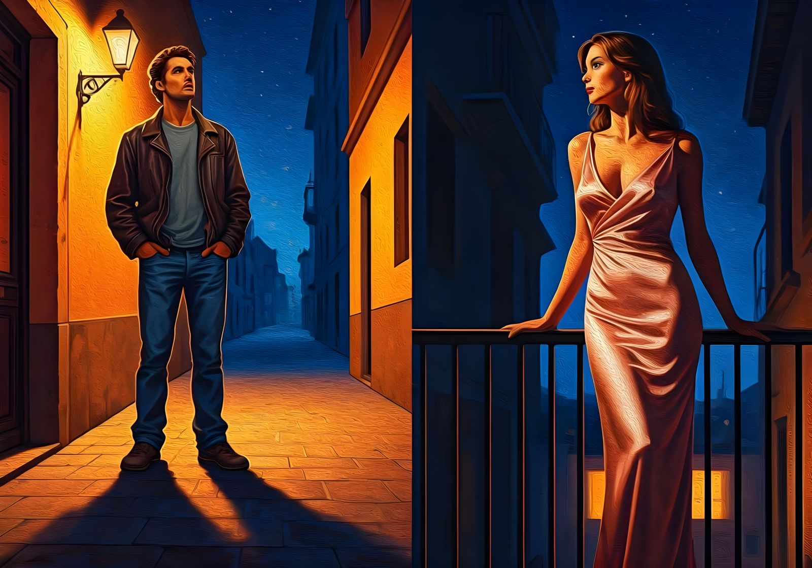 Sensual Nighttime Romance under a Starry Streetlight