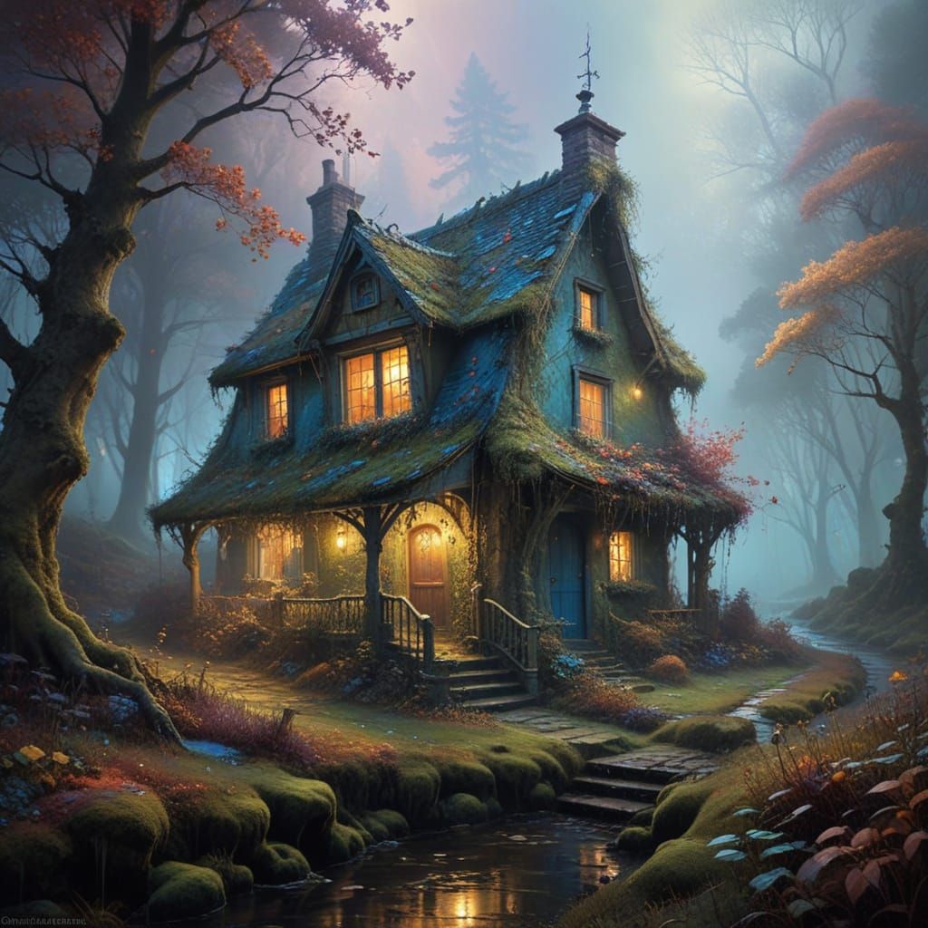 Whimsical Cottage Enveloped in Colored Mist in a Dreamy Cybe...