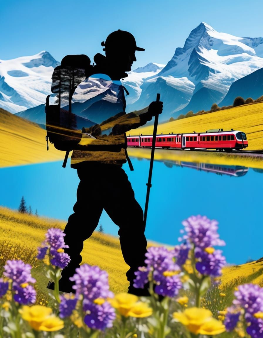 Hiker Silhouette Double Exposure Over Swiss Alps