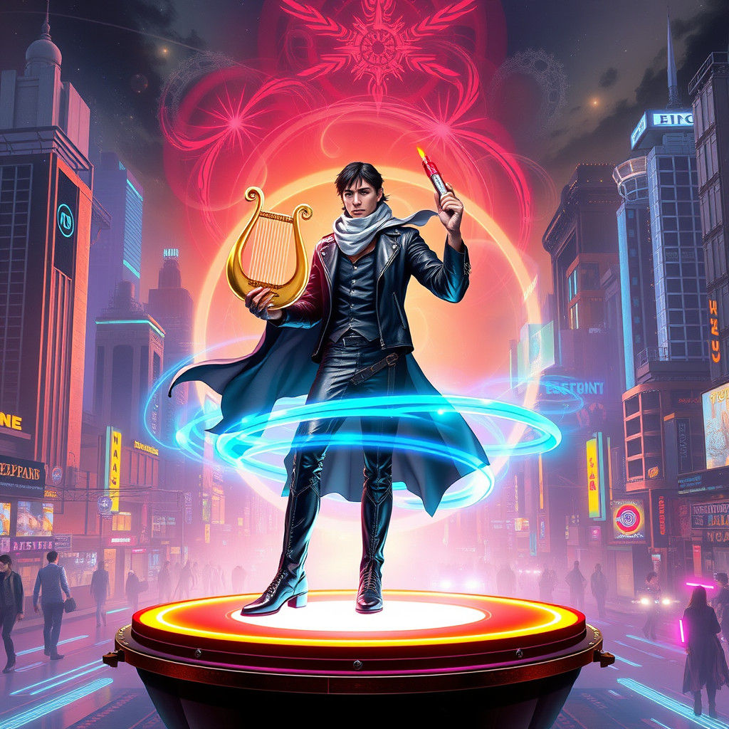 Cyberpunk Bard Performing in Neon Cityscape