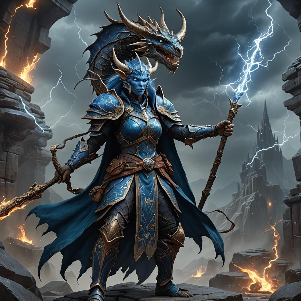 Dragonborn Divination Wizard with Staff of Lightning