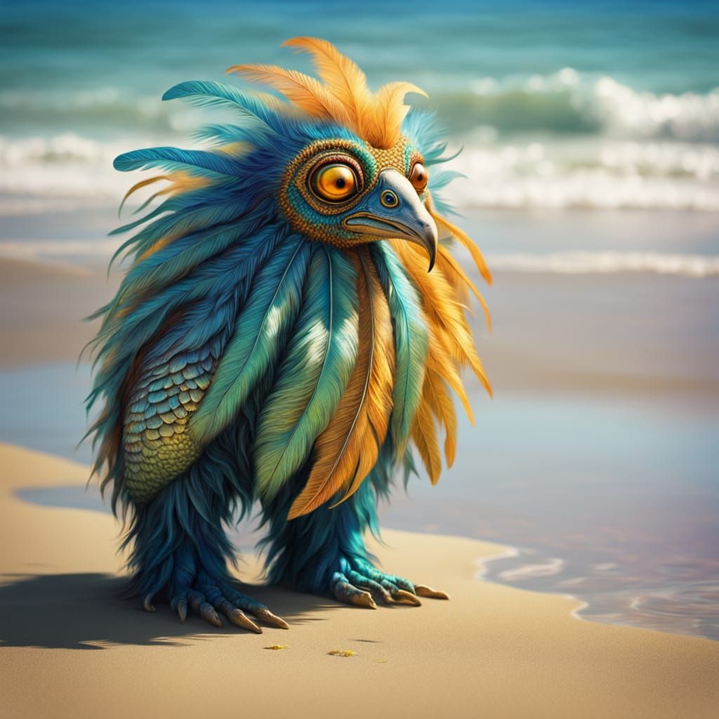 A surreal hybrid creature,the grace of a cat and the vibrant colors of a bird