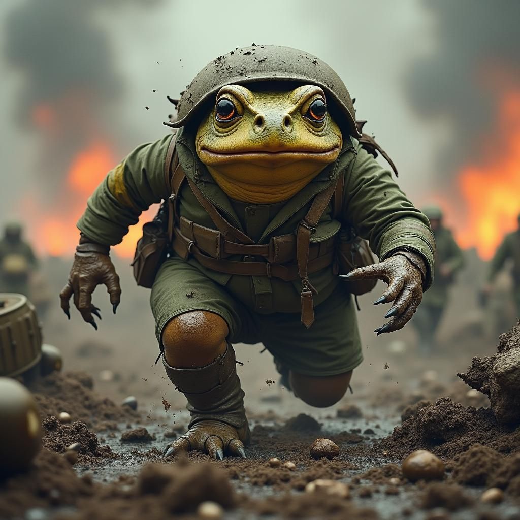 Toad Soldier Charging Across War-Torn Battlefield