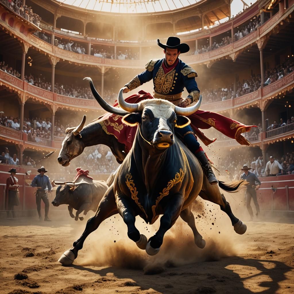 Bullfighter Dodging Bull in Arena: Fantasy Matte Painting