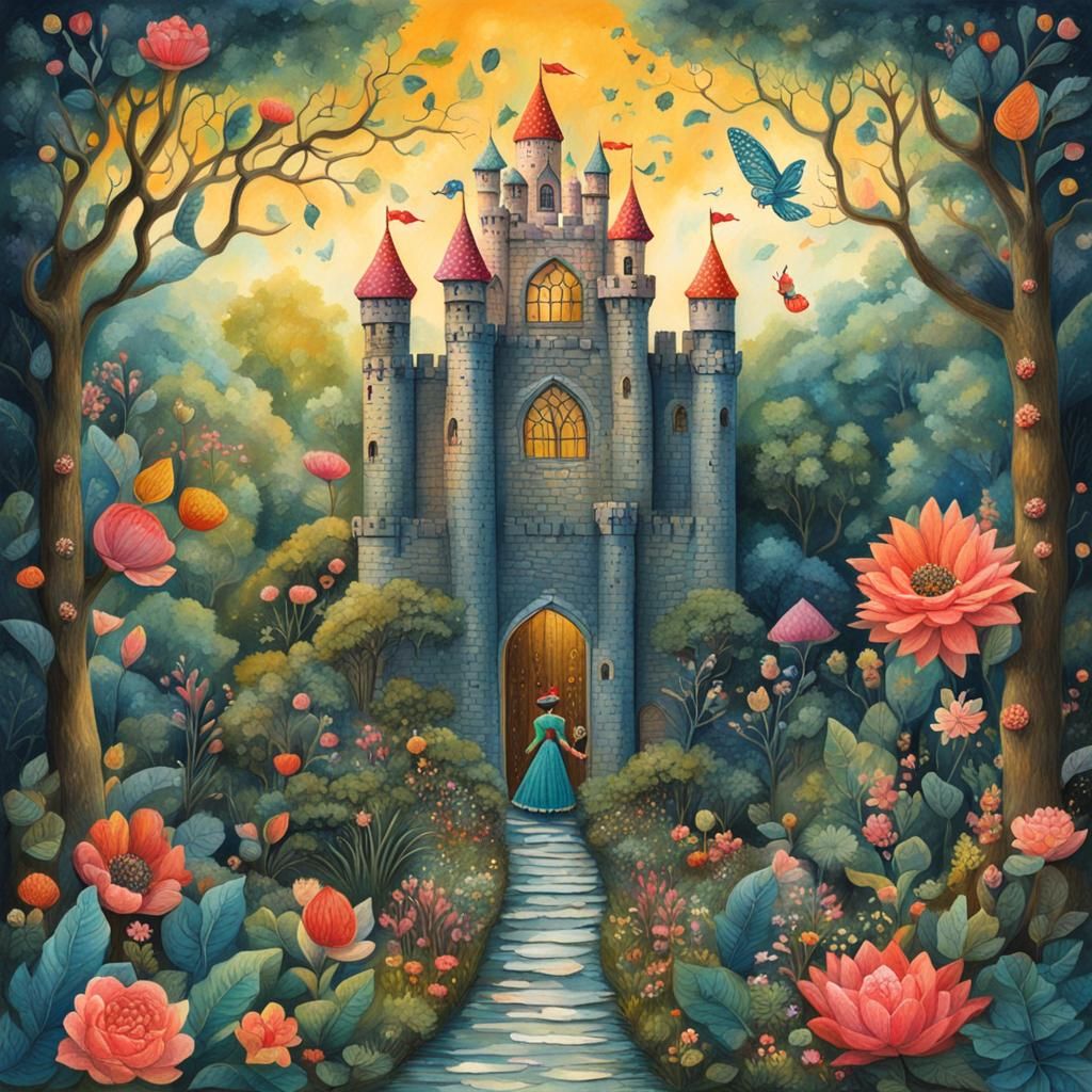 Whimsical Fairy-Lit Castle in Gouache Style