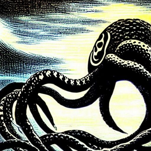 Giant Kraken in Gothic Ukiyo-e Style