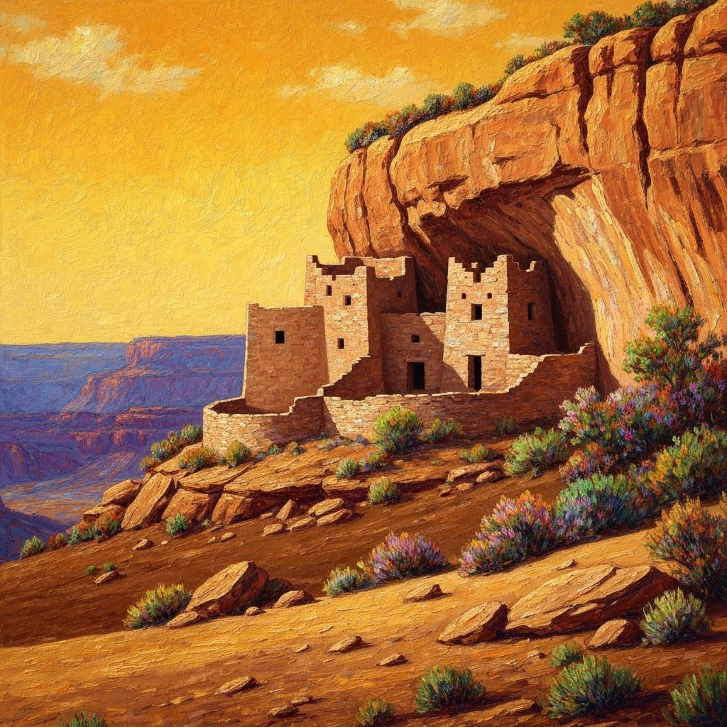 Cliff Dwelling Under Golden Sky, 19th Century Style