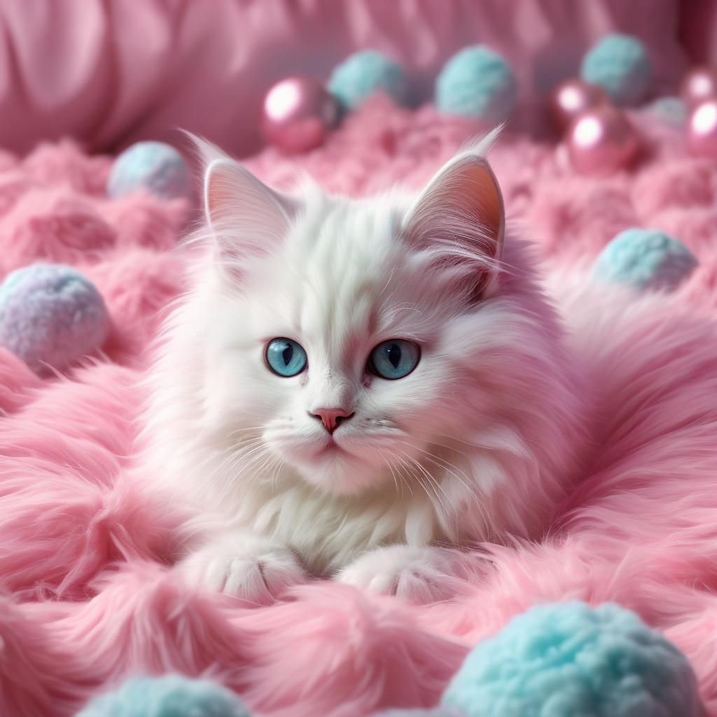 Pink Kitten in Fluffy Bed, Realistic Matte Painting