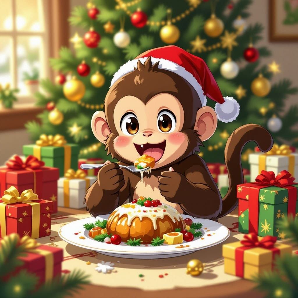 Cute Monkey Enjoys Lavish Christmas Feast