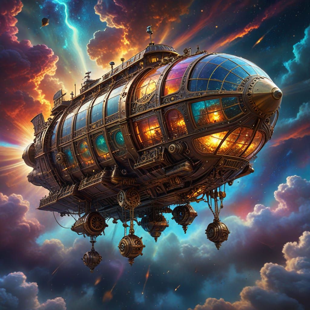 Majestic Steampunk Airship in Cosmic Nebula