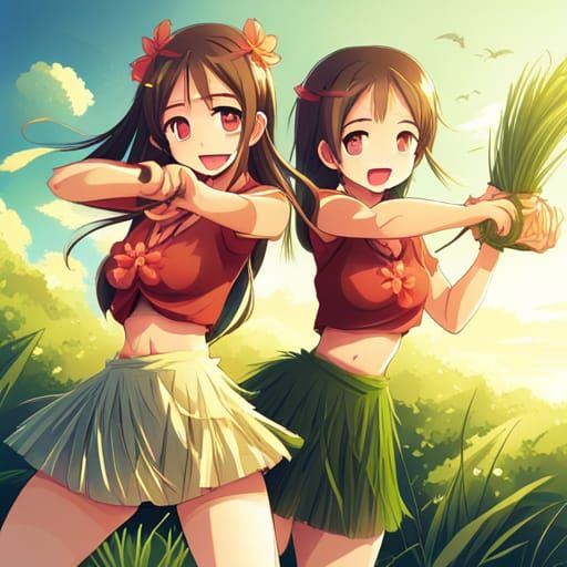 Two Hula Girls in Anime Style, 4K