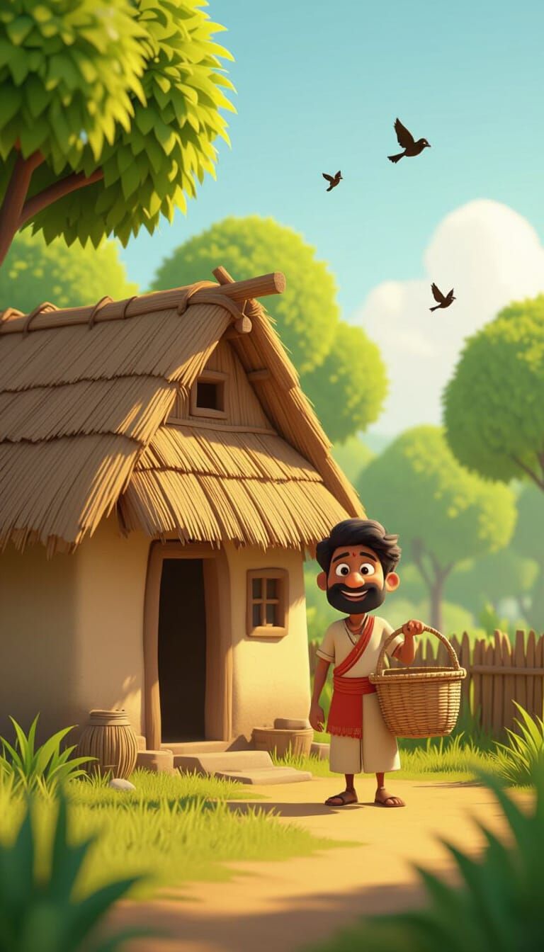 3D Cartoon Indian Village Scene with Smiling Farmer