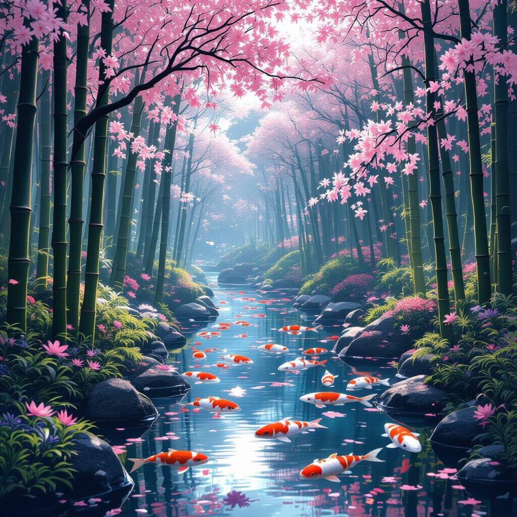Cyberpunk Garden with Digital Cherry Blossoms in Anime Style