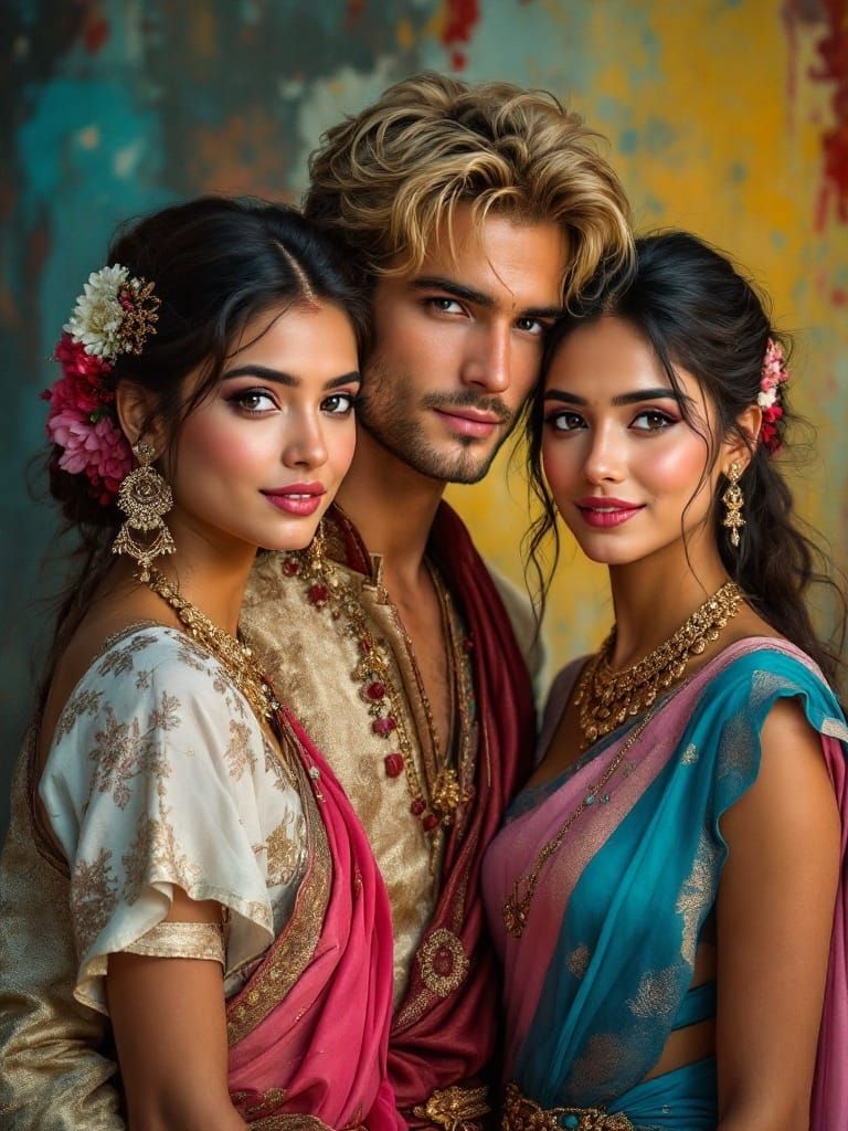 Hyperrealistic Image of Man with Two Women in Saris