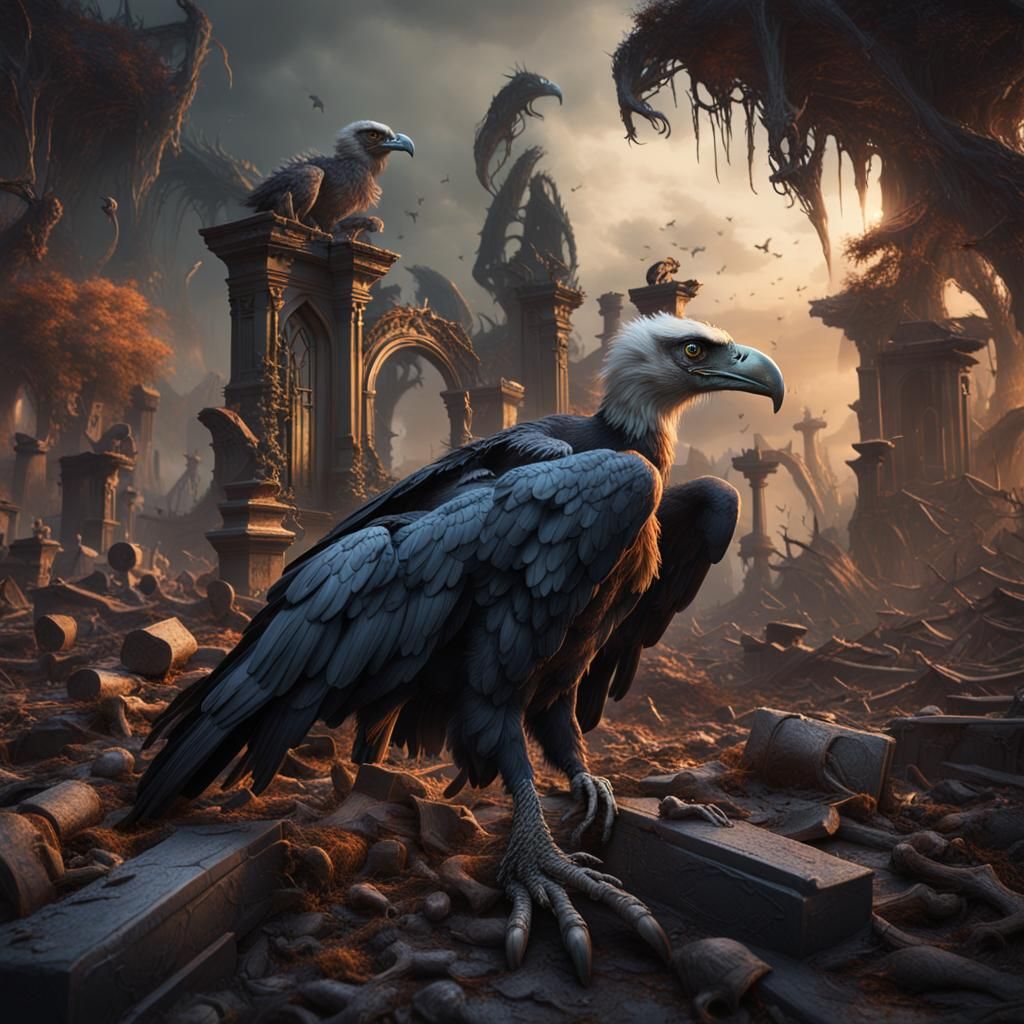 Respectful Vulture in Bone Graveyard: Detailed Matte Paintin...