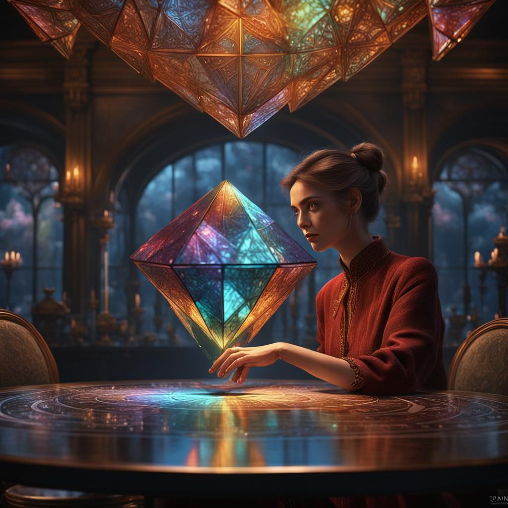 Modern Woman Gazes at Prism: Detailed Matte Painting