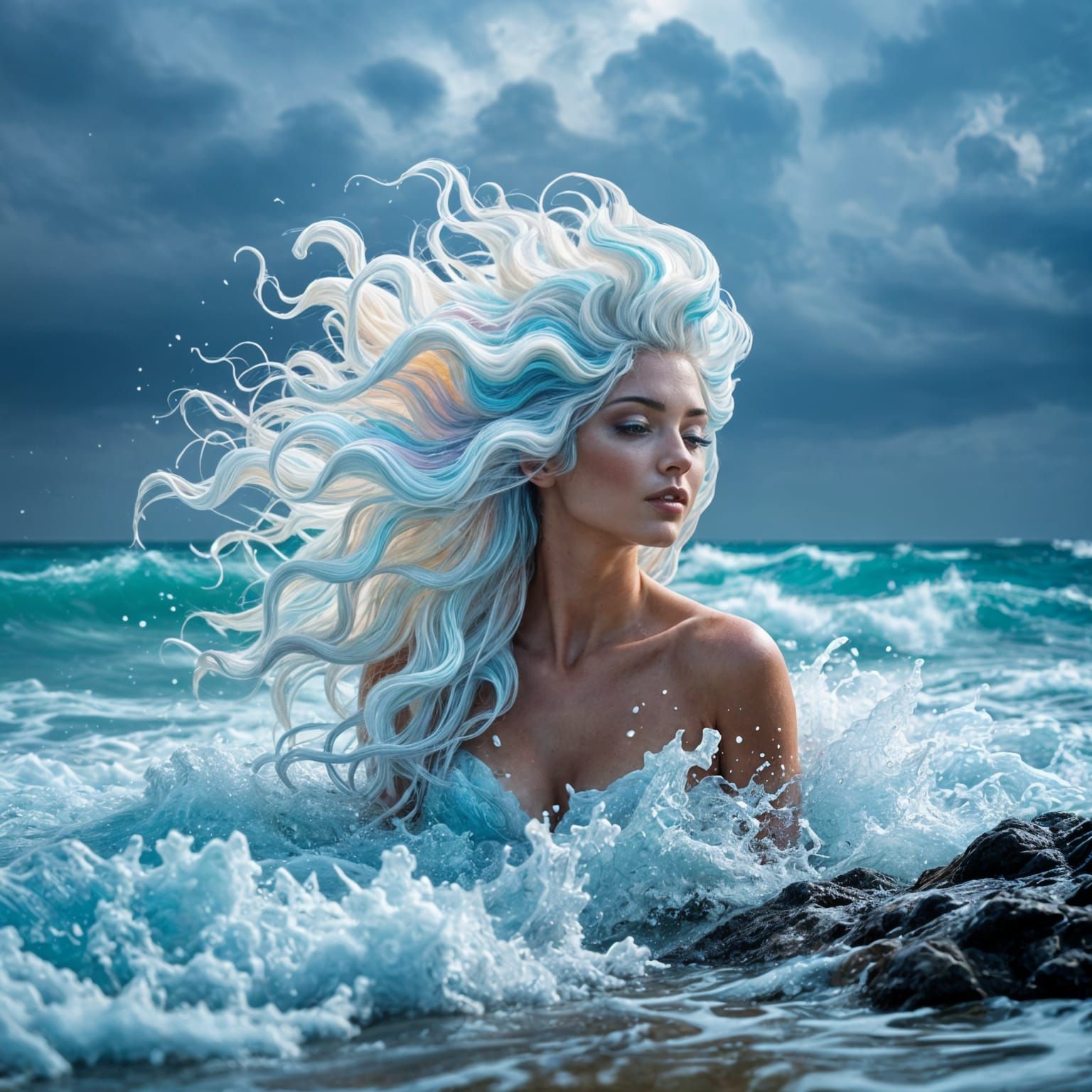 Mythological Siren Emerges from Stormy Sea