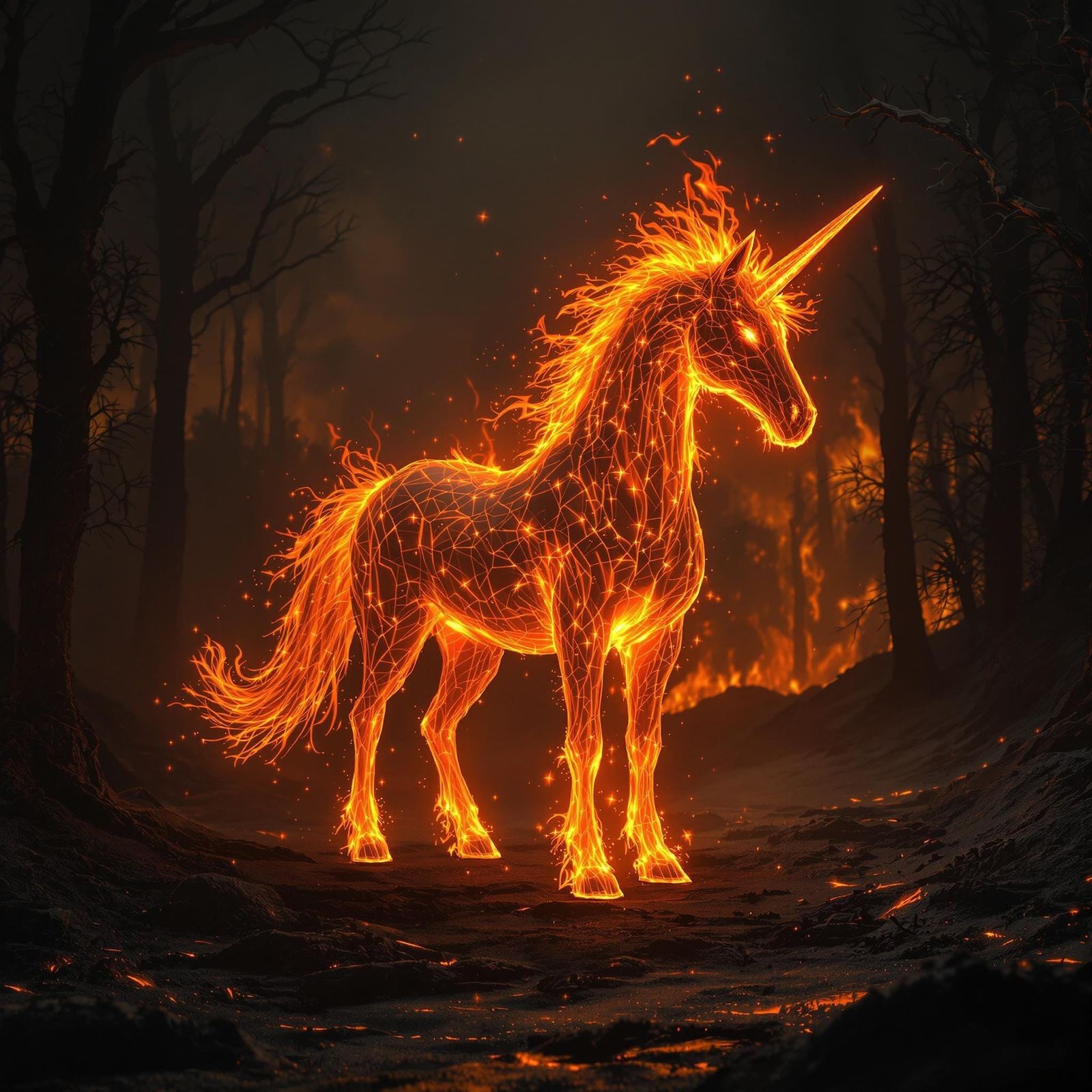 Fiery Unicorn in Smoldering Landscape, Digital Art