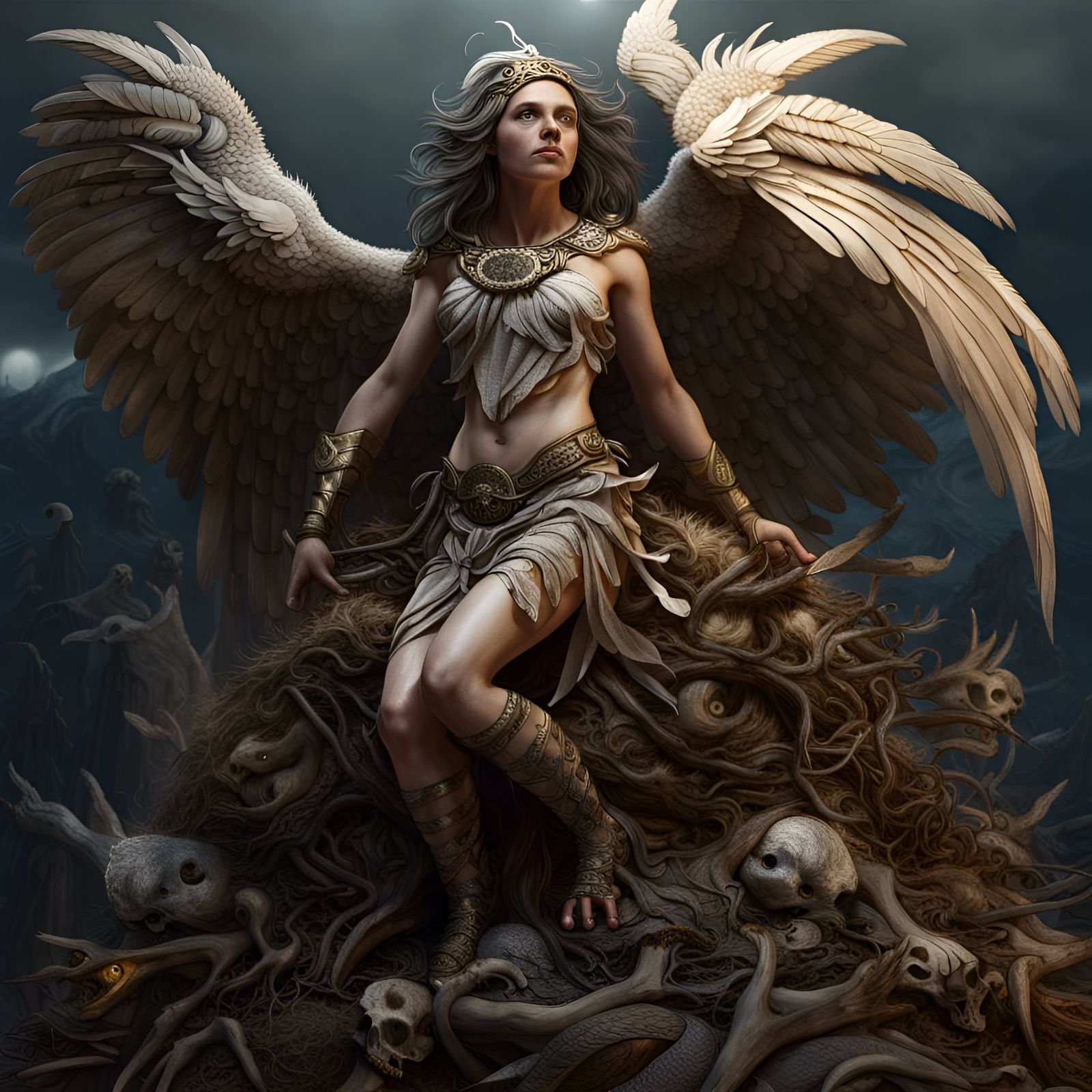 A Harpy atop her mountain nest, littered with human bones