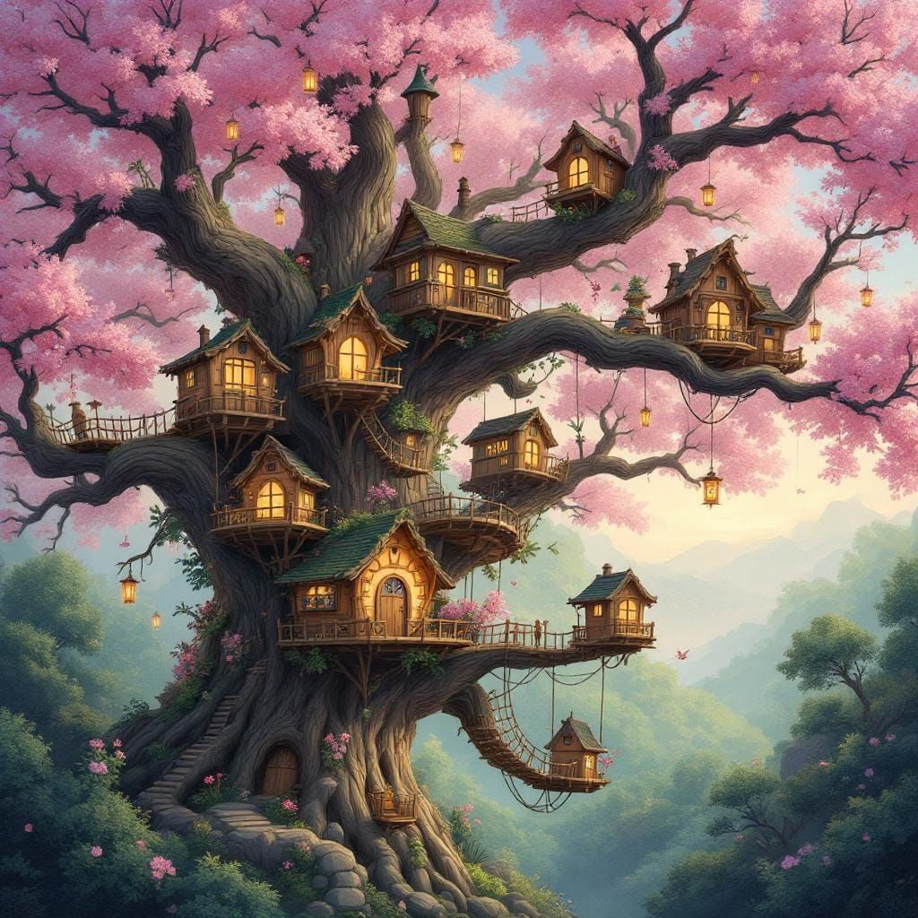 Whimsical Treehouse Village in Cherry Blossom Tree