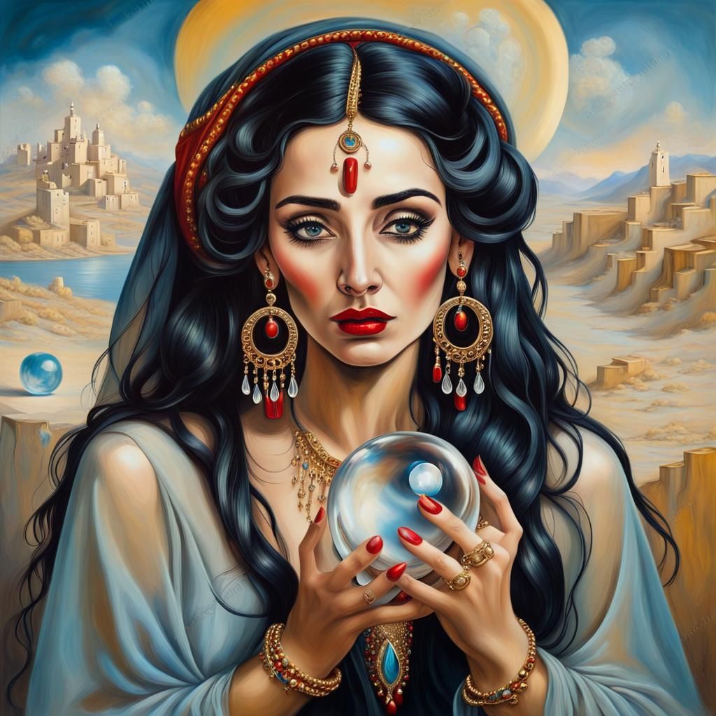Gypsy Woman with Crystal Ball in Surrealist Style