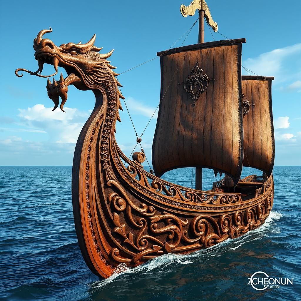 Ornate Viking Longship in Fantasy Matte Painting Style